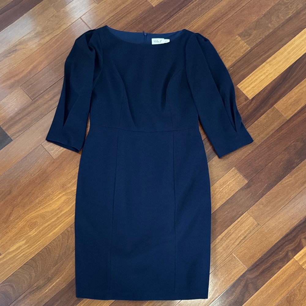 Eliza J Navy Sheath Dress with Three-Quarter Sleeves